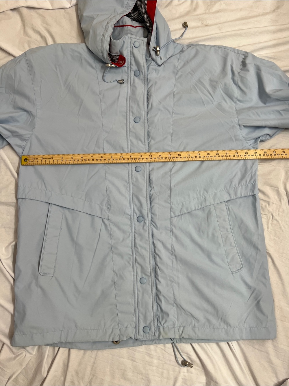Women's Light Blue Hooded Trench Coat with Drawstring - Picture 7 of 8